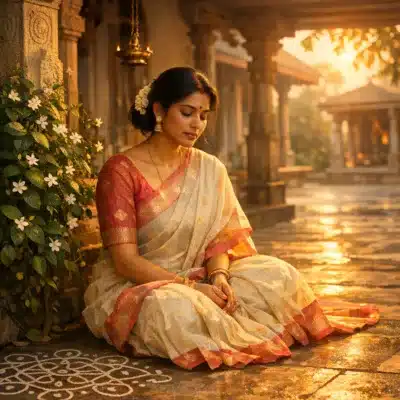 A woman in a cream and red silk saree sits quietly on a temple floor at golden hour, eyes downcast.