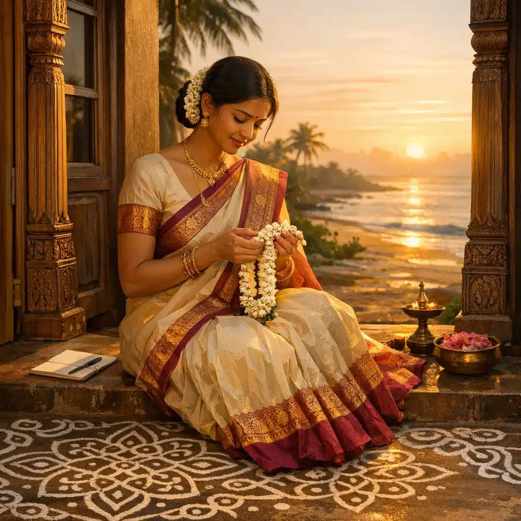 A woman in a gold and red saree sits on a decorated step at sunset, holding a jasmine garland near the sea.