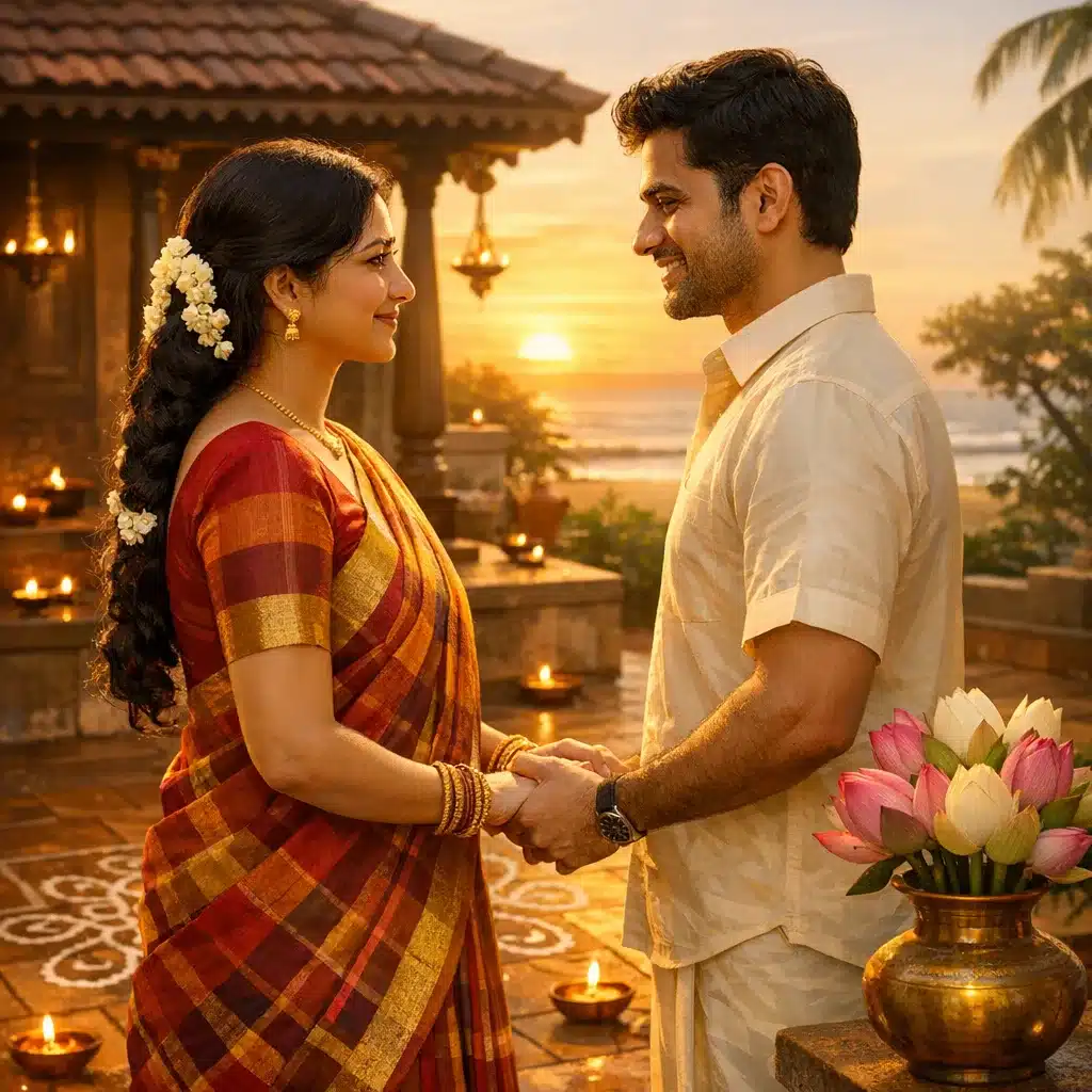 A couple in traditional South Indian attire hold hands on a candlelit terrace at sunset near the sea.