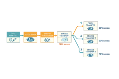 Diagram showing one egg collection producing multiple fresh and frozen embryo transfers, with cumulative success rising