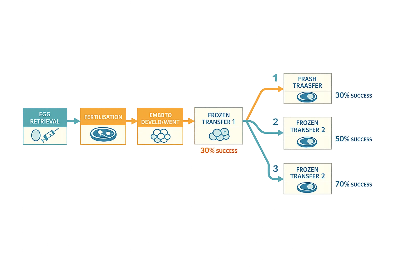 Diagram showing one egg collection producing multiple fresh and frozen embryo transfers, with cumulative success rising