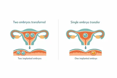 Diagram comparing double versus single embryo transfer inside a uterus cross-section, illustrating why twins occur in IV