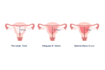 Uterus cross-section diagram showing endometrial lining at thin, adequate, and optimal thickness with measurement labels