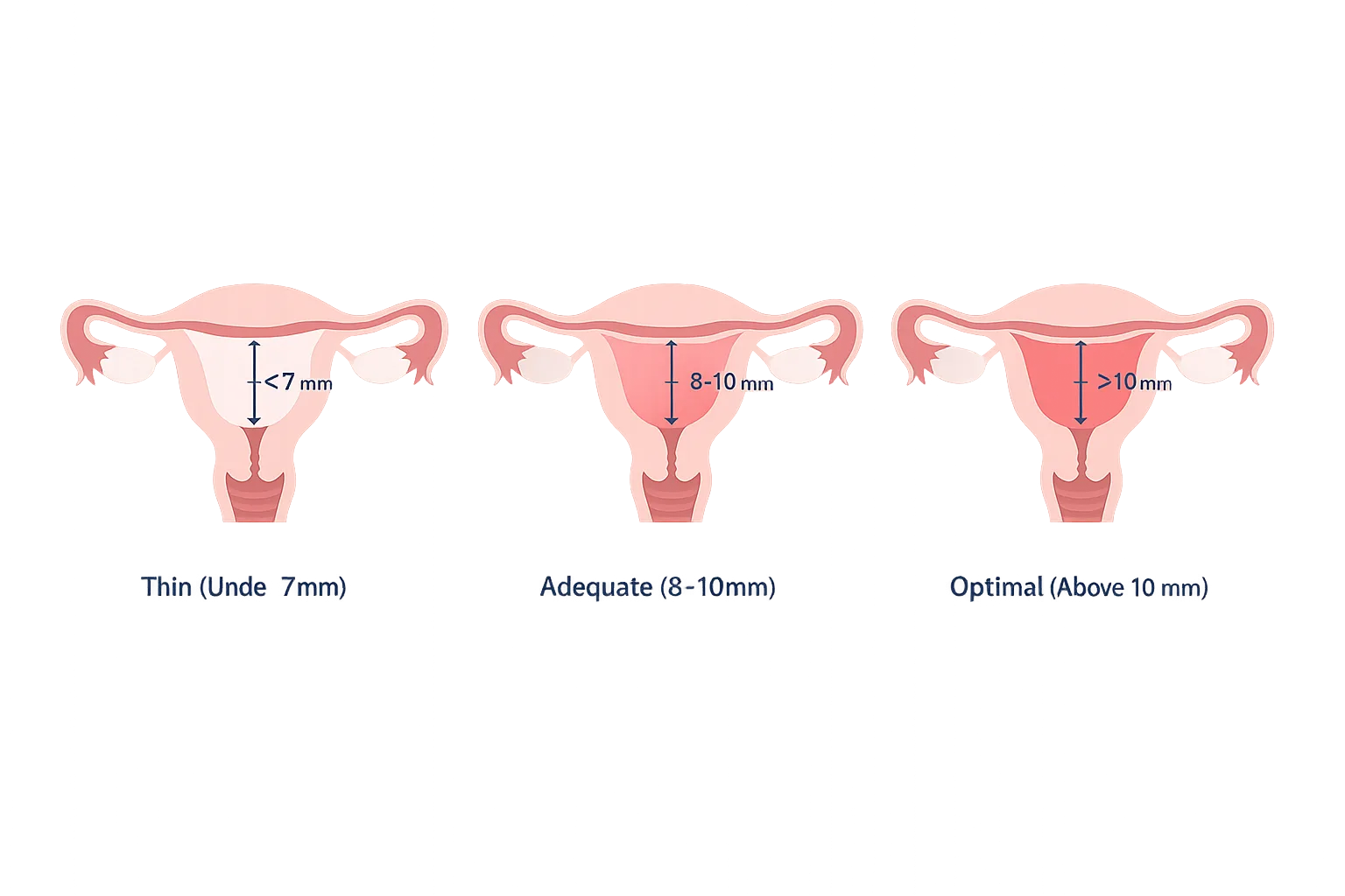 Uterus cross-section diagram showing endometrial lining at thin, adequate, and optimal thickness with measurement labels