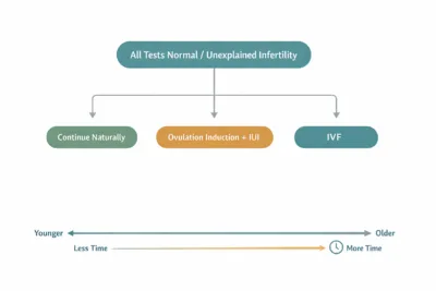 Decision-tree diagram showing three treatment paths for unexplained infertility, guided by age and duration of trying.