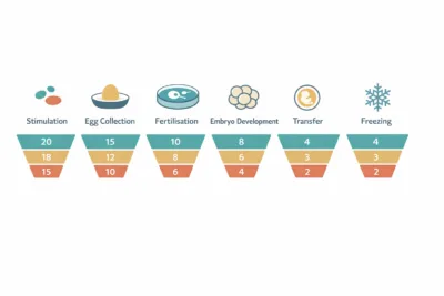 Horizontal IVF stage diagram with attrition numbers at each step from stimulation to freezing.