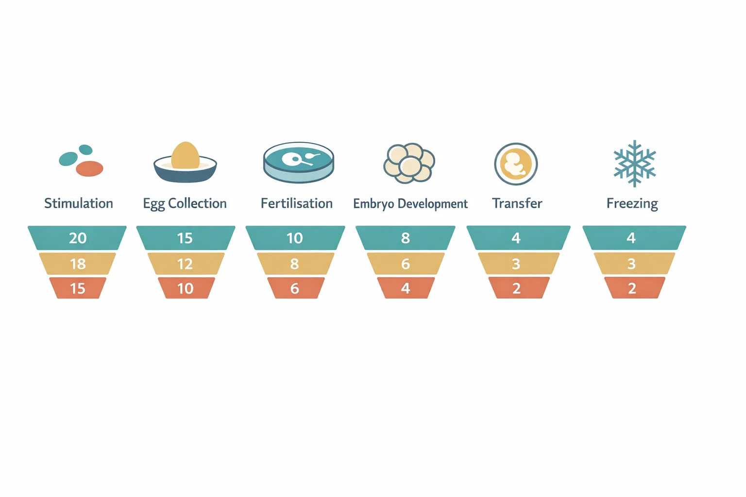 Horizontal IVF stage diagram with attrition numbers at each step from stimulation to freezing.