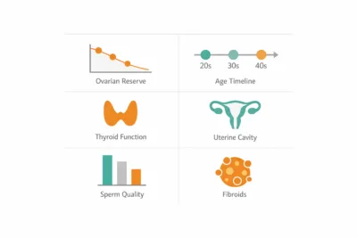 Diagram showing six factors that can change between pregnancies, including ovarian reserve, thyroid, uterus, and sperm q