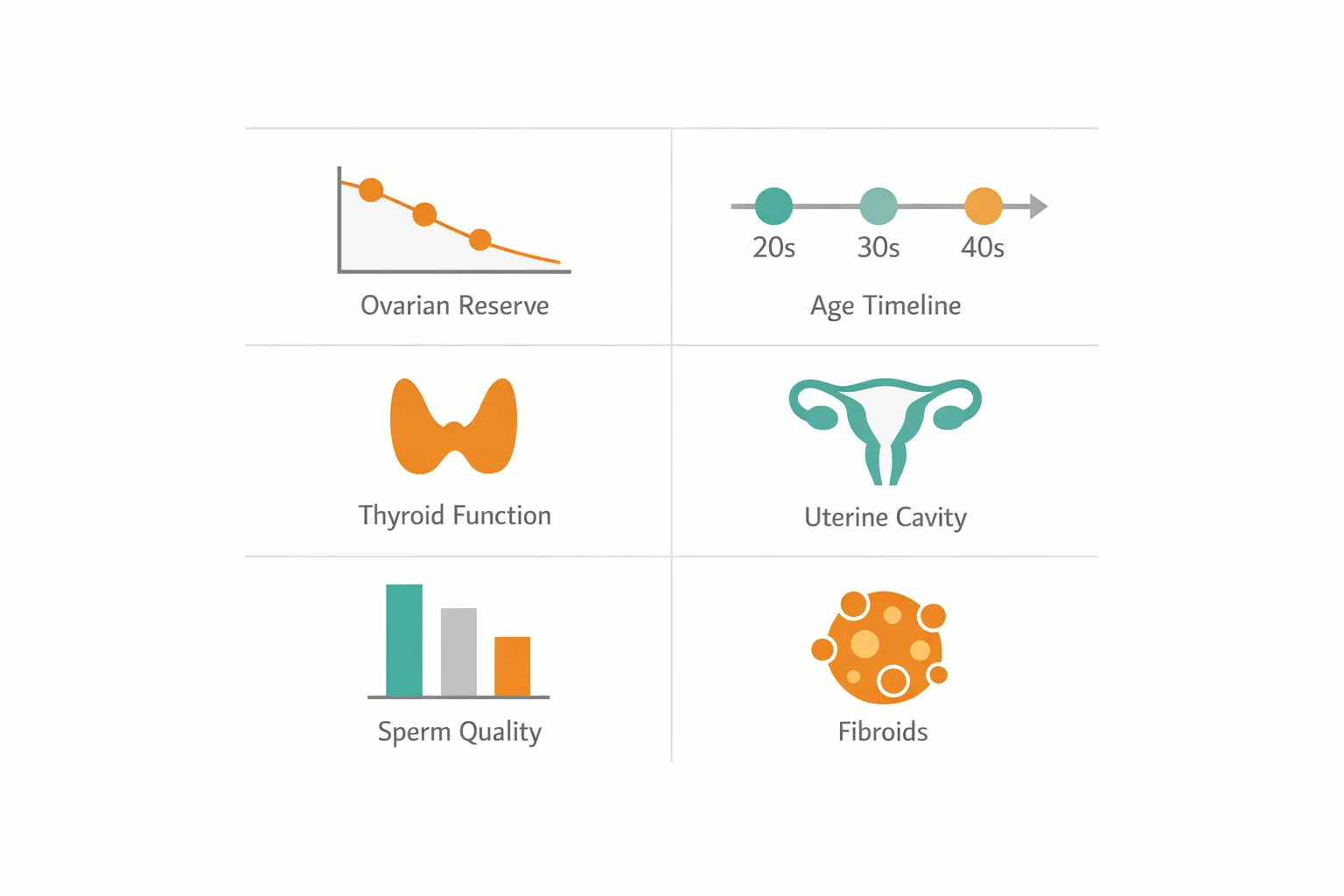 Diagram showing six factors that can change between pregnancies, including ovarian reserve, thyroid, uterus, and sperm q