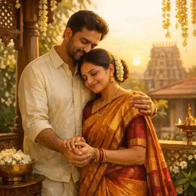 A man and woman in traditional South Indian attire embrace warmly on a terrace at sunset, with a temple in the background.