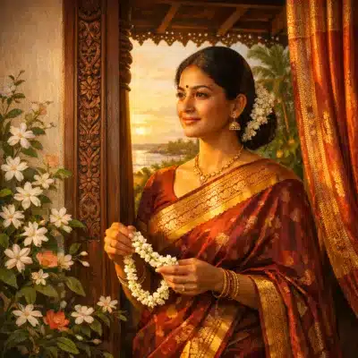 A woman in a red and gold silk saree holds a jasmine garland near a carved wooden window at sunset.