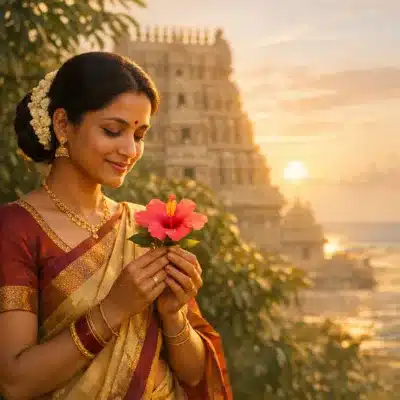 A woman in a gold and red saree holds a pink hibiscus flower before a temple gopuram at sunset.