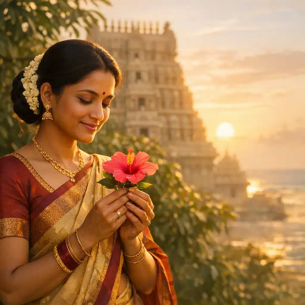 A woman in a gold and red saree holds a pink hibiscus flower before a temple gopuram at sunset.