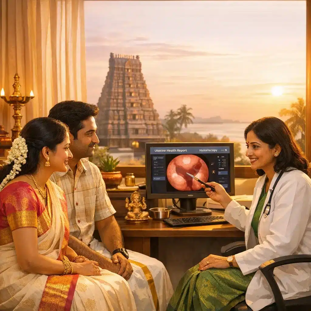 Illustration of hysteroscopy used to diagnose and treat uterine problems at Jananam Fertility Centre, Chennai